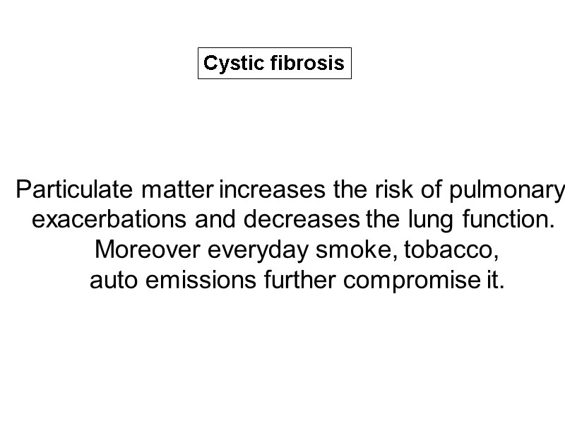 Particulate matter increases the risk of pulmonary  exacerbations and decreases the lung function.